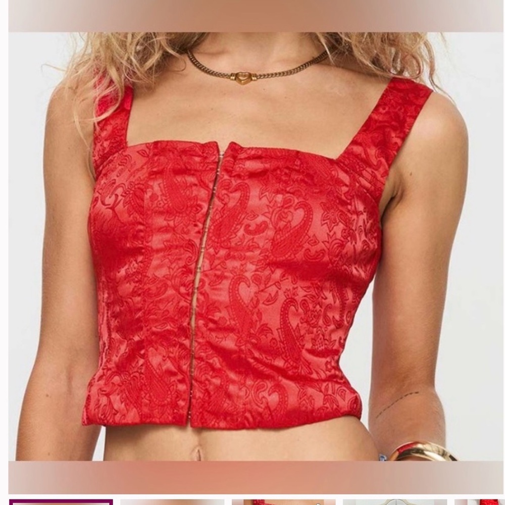 Princess Polly Red Brocade Square-Neck Crop Top